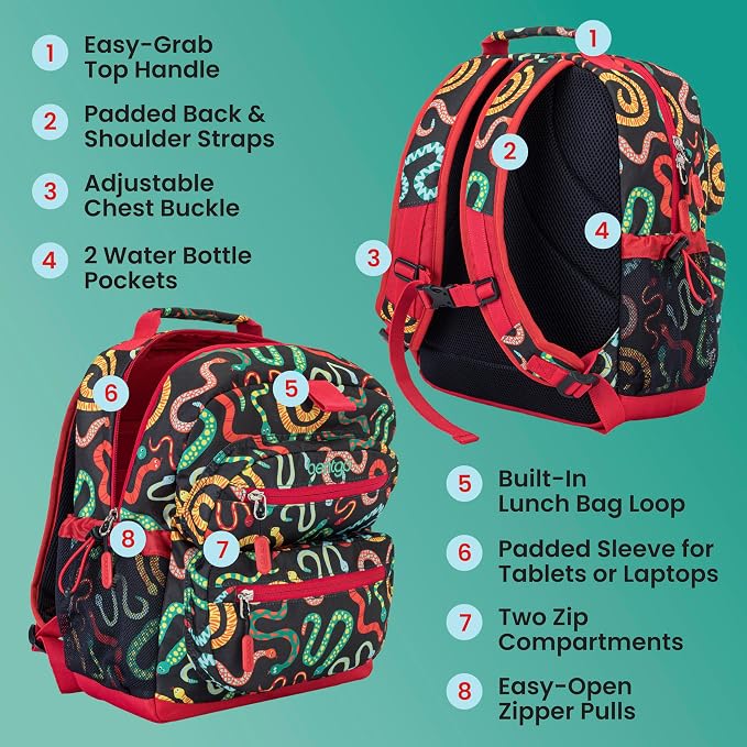 Bentgo Kids Print Backpack - Lightweight 14” Backpack for School, Travel & Daycare, Ideal for Ages 4+, Durable & Water-Resistant, Roomy Interior, & Loop for Lunch Bag (NEW Sssnakes)