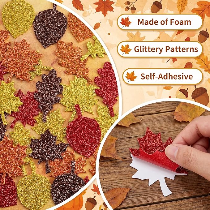 Fall Decor - Maple Leaf Glitter Foam Stickers | 138 PCS Self Adhesive Fall Stickers - Thanksgiving Crafts for Kids -Friendsgiving Party Supplies Favors for Halloween Gifts