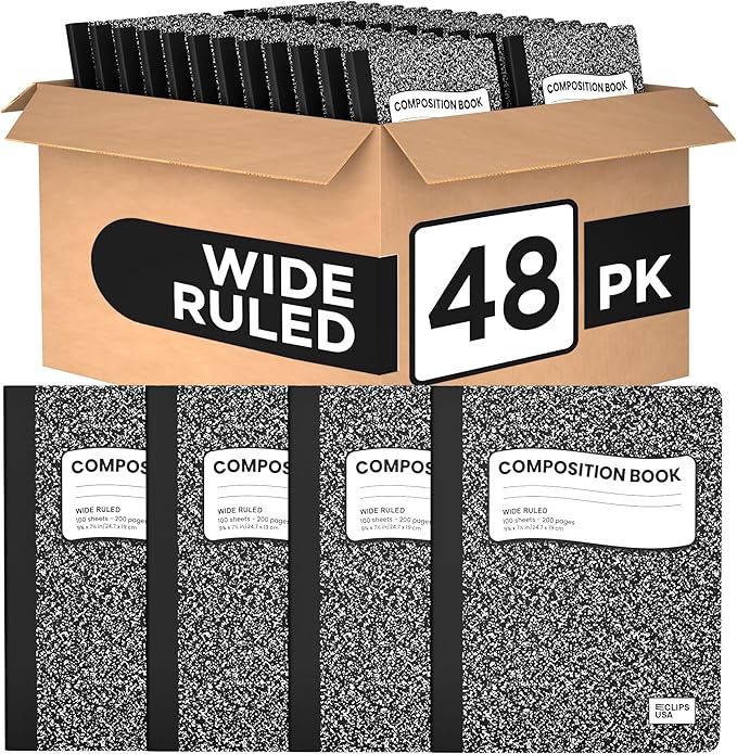 Composition Notebook Wide Ruled Composition Notebooks Bulk Black Marble Hard Cover Wide Ruled Notebook Paper Note Books For Schools Marble Composition Books 100 Sheets 200 Pages 9.75” x 7.25” (48 Pack)