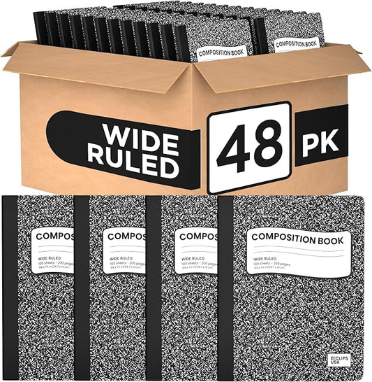 Composition Notebook Wide Ruled Composition Notebooks Bulk Black Marble Hard Cover Wide Ruled Notebook Paper Note Books For Schools Marble Composition Books 100 Sheets 200 Pages 9.75” x 7.25” (48 Pack)