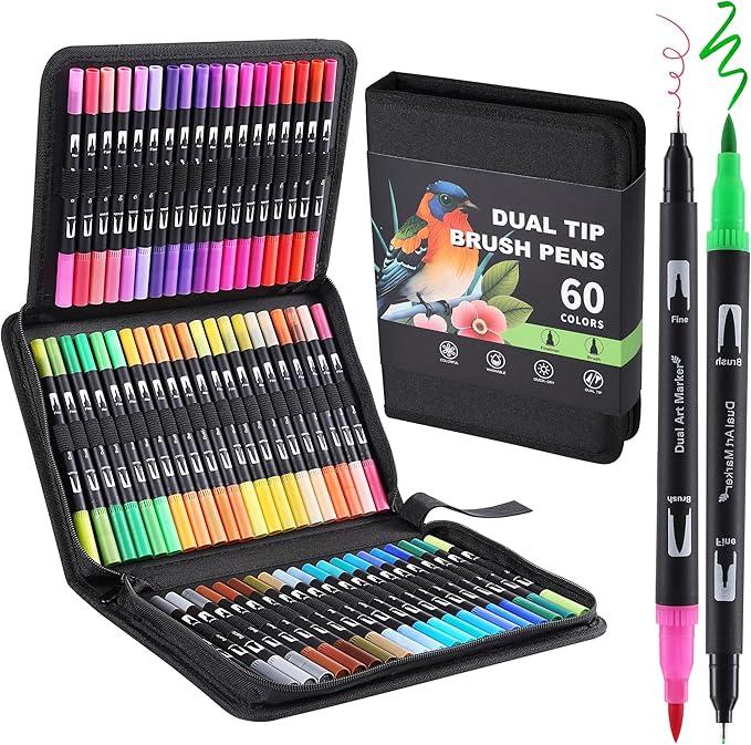 nauets 60 Colors Brush & Fine Dual Tip Watercolor Markers for Adult Coloring Books No Bleeding Professional Paint Pens For Drawing Note taking Planner Calligraphy Journaling Card Making Art Supplies