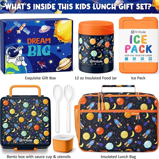 Fimibuke Kids Bento Snack Lunch Box with 4 Compartment, Insulated Lunch Bag, Stainless Steel Vacuum Thermo Food Jar, Ice Pack, Utensils Set, Birthday Gifts for Age 3-12 Back to School Toddler Girl Boy
