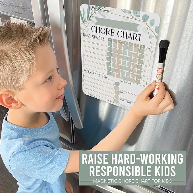 Hadley Designs Magnetic Chore Chart for Kids Multiple Kids – Dry Erase Chores Chart for Adults and Teens, Responsibility Task List for Family, Fridge Task Board Tracker at Home, Greenery Chore Board