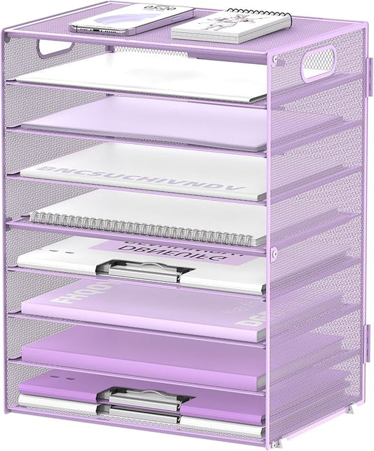 DALTACK 9-Tier Paper Organizer for Desk, Mesh Letter Tray Desk Organizer with Handles, Space-Saving File Organizer for Office Home School, Purple