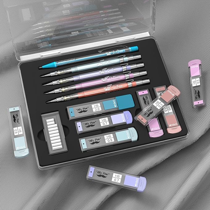 Mr. Pen- Pastel Mechanical Pencil Set, 5 Mechanical Pencils (0.3, 0.5, 0.7, 0.9, 2.0mm), 5 HB Lead Refills & 10 Eraser Refills, Precision Drawing Pencils for Sketching, Writing & Technical Artwork