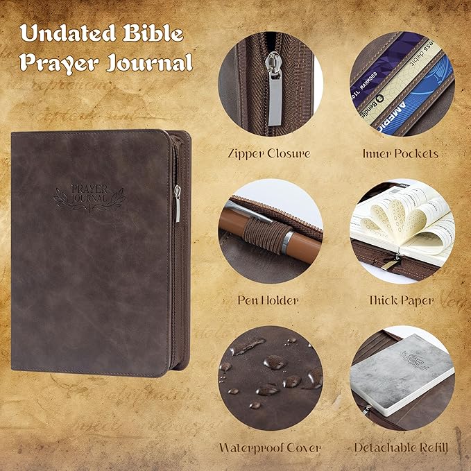 Ospelelf Daily Bible Prayer Journal for Men, Zippered Leather Scripture Study Notebook Religious Planner for Reflection & Gratitude, Ideal Gift for Jesus Faith Believers, Undated 3 Months, Brown
