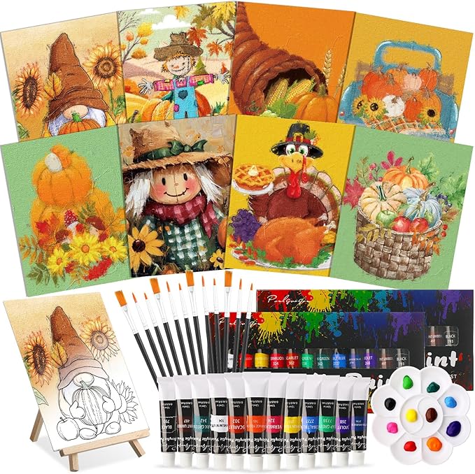 Cholemy 36 Pcs Paint and Sip Kit for Adults 8''x10'' Pre Drawn Canvas for Painting DIY Afro Acrylic Painting Kit Wood Easel Brushes Date Night Bulk for Father's Day Party Gifts(Fall Scarecrow)