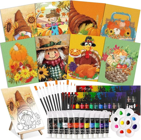Cholemy 36 Pcs Paint and Sip Kit for Adults 8''x10'' Pre Drawn Canvas for Painting DIY Afro Acrylic Painting Kit Wood Easel Brushes Date Night Bulk for Father's Day Party Gifts(Fall Scarecrow)