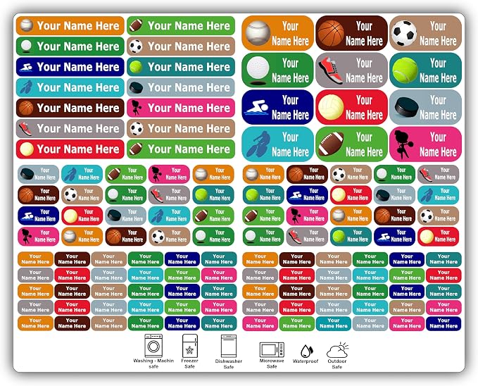Personalized Labels – Sport’s Icon Designs. 126 Custom Stickers for School, Daycare and Camp. Waterproof Name Labels Dishwasher and Microwave Safe, Machine Washable. (126 Sport Name Labels)