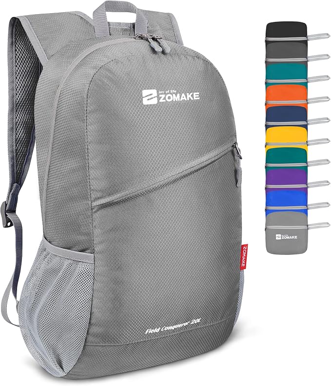 ZOMAKE Lightweight Packable Backpack 20L, Foldable Small Daypack for Hiking | Water Resistant Backpacks Day Bag for Travel Outdoor Camping Sport, Everyday Carry, Multi Compartment Storage(Silver Grey)