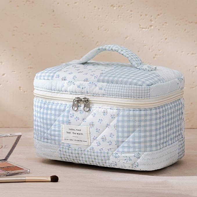 HBselect Quilted Makeup Bag, 3Pcs Cotton Large Travel Makeup Bags Organizer | Cute Floral Make up Bag Cosmetic Bag Toiletry Bag for Women Girls, Makeup Pouch for Skincare, Brushes & Travel Essentials