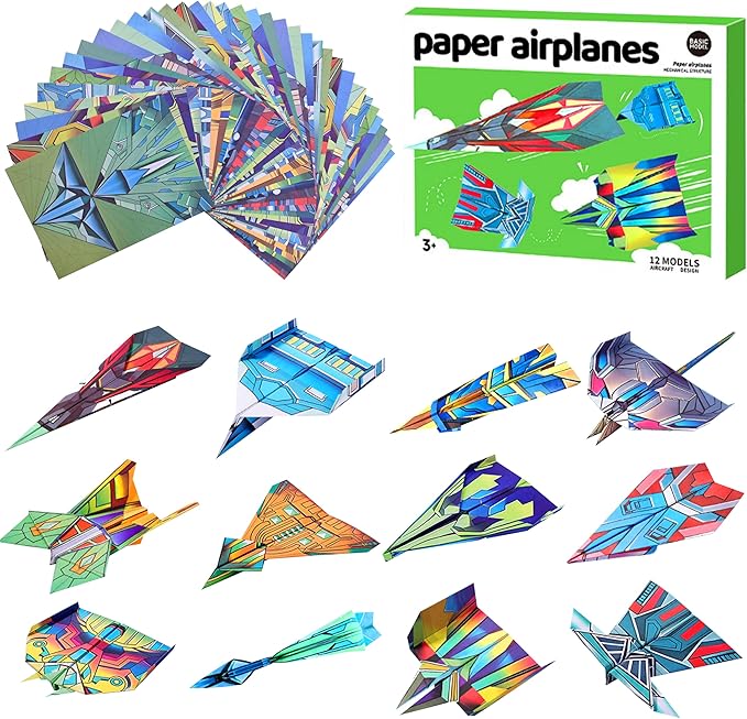 SELVERITH 36 Sheets Paper Airplane Origami Kit for Kids Ages 8-12, 12 Distinct Designs, Double Sided Colored Origami Airplane Book with Video Tutorials, Educational Crafts Gifts for Teens Kids