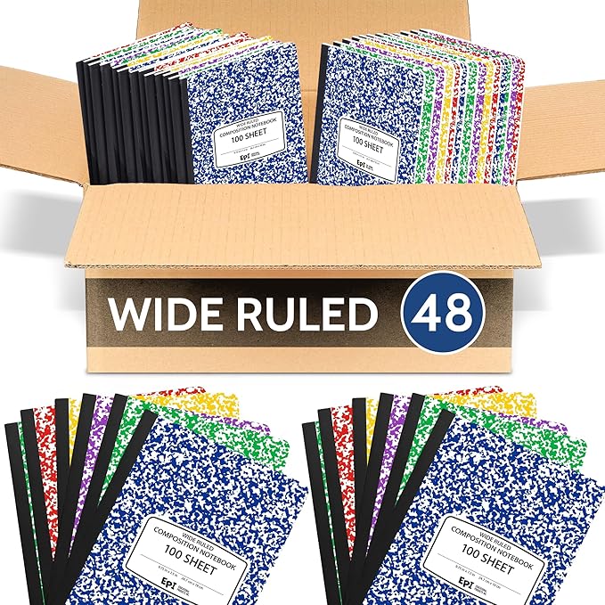 48 Pack - EPI Wide Ruled Composition Notebook Assorted Marble Colors - 200 Pages (100 Sheets), 9-3/4 x 7-½ - Classroom Back to School Supplies, Heavy Duty, Durable Hardcover Office Notebooks, Sewn