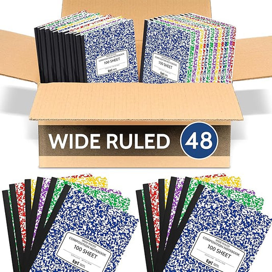 48 Pack - EPI Wide Ruled Marble Composition Notebook - Assorted Colors 200 Page Note Book - 9.75 x 7.5 Inch Hardcover Journal with Sewn Binding for Secure Pages - Classroom Back to School Supplies