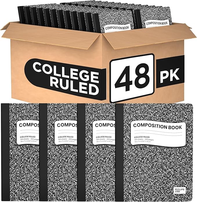 Composition Notebook College Ruled Composition Notebooks Black Bulk Marble College Ruled Notebook Hard Cover 100 sheets, 200 Pages 9.75” x 7.25” (48 Pack)