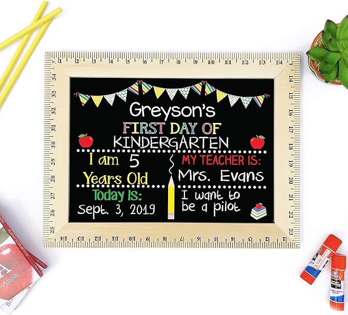 First Day of School Sign (15"x11.5"), Reusable Chalkboard, Easy-to-Clean with Real Wooden Ruler Frame, Handmade in USA by Bloom Owl, Perfect Back to School Chalkboard Sign, First and Last Day