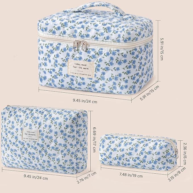 HBselect Quilted Makeup Bag, 3Pcs Cotton Large Travel Makeup Bags Organizer | Cute Floral Make up Bag Cosmetic Bag Toiletry Bag for Women Girls, Makeup Pouch for Skincare, Brushes & Travel Essentials