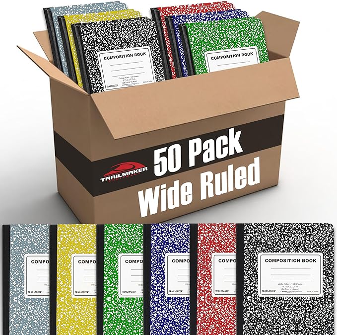 Trail maker Bulk Composition Notebooks Colored (50 Pack), Wide Ruled Marble Cover, 200 Pages (100 Sheets), 9.75 x 7.5, Bulk School Supplies for Classroom, Office & School Donations