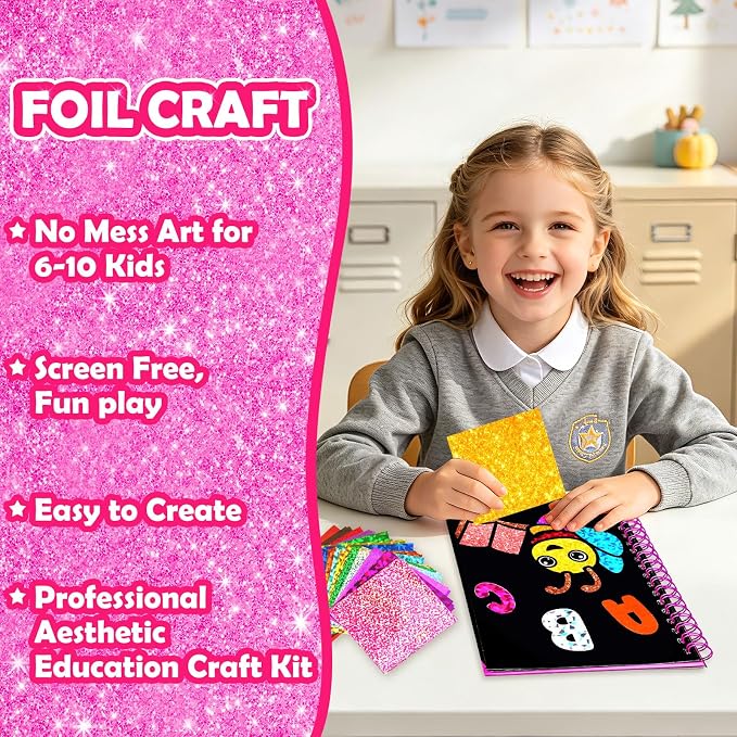 FUNNYB&G Foil Art Craft Kit for Girls 4-10 Years Old: Mess-Free & No-Glue, Create 16 Back to School Pictures – Perfect Travel Toy & Birthday Gift for Kids (Back to School)