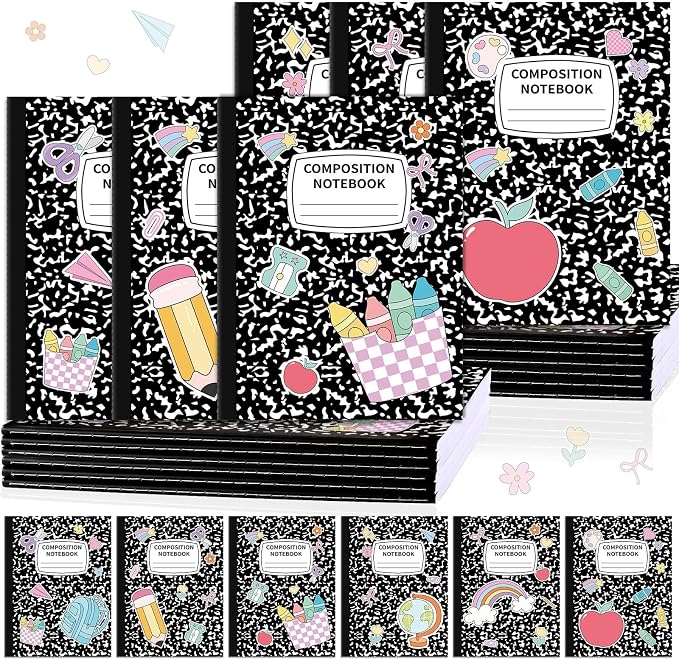 12 Pack Large Composition Notebooks Bulk 9.8 × 7.5 in Wide Ruled Hard Cover Composition Book Assorted Marble Journal College Ruled Paper for College Office Back to School Supplies(Black and White)