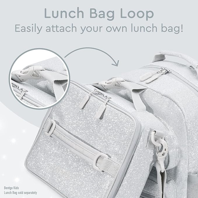 Bentgo Kids Glitter Backpack - Lightweight 14” Backpack for School, Travel & Daycare, Ideal for Ages 4+, Durable & Water-Resistant, Roomy Interior, & Loop for Lunch Bag (Glitter Edition - Silver)