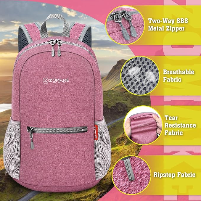 ZOMAKE Lightweight Packable Backpack, 10L Small Foldable Daypack for Hiking | Water Resistant Collapsible Backpacks for Women Men, Everyday Carry, Multi Compartment Storage, Adjustable Strap(Pink A5)