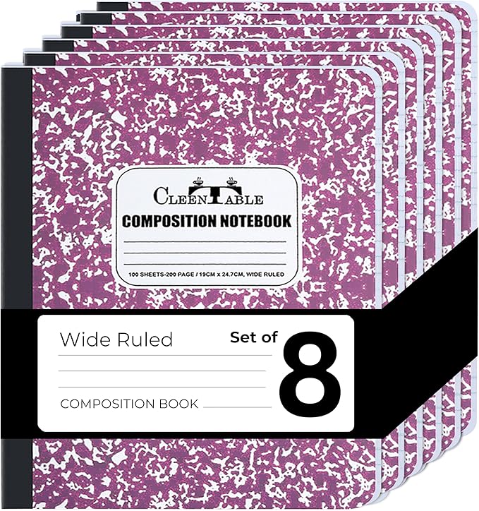 CLEENTABLE Composition Notebook 8 Pack, Wide Ruled Paper, Marble Cover Notebooks for School, 9.75 x 7.5 Inches, 100 Sheets (200 Pages), Sewn Binding Comp Books, Purple