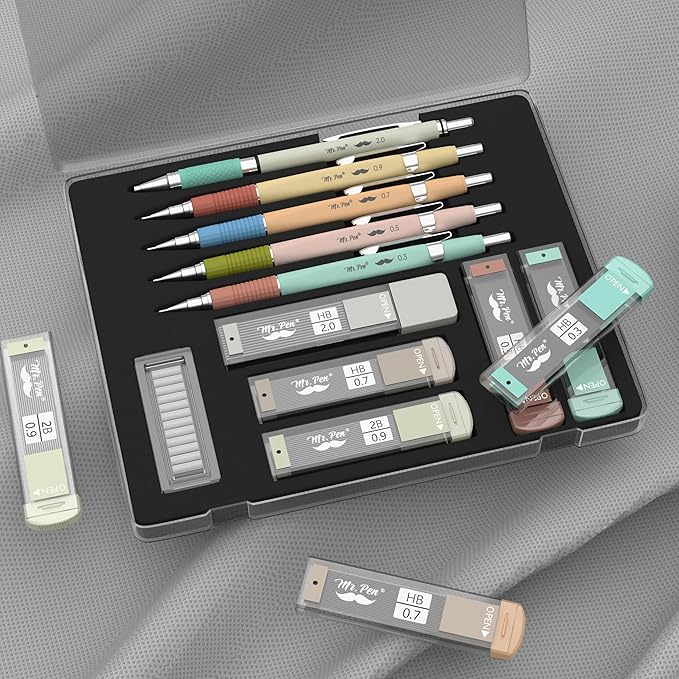 Mr. Pen- Art Mechanical Pencil Set, 5 Metal Mechanical Pencils (0.3, 0.5, 0.7, 0.9, 2.0mm), 5 HB Lead Refills & 10 Eraser Refills, Precision Drawing Pencils for Sketching, Writing & Technical Artwork