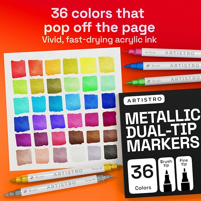 ARTISTRO 36 Metallic Acrylic Paint Markers - Paint Pens for Drawing, Brush + Fine Tips - For Fabric, Rock, Glass, Wood, DIY - Art & Craft Supplies for Adults, Teens, Kids - Teacher Appreciation Gift
