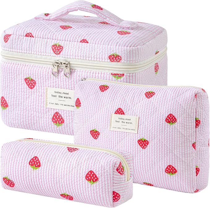 HBselect Quilted Makeup Bag, 3Pcs Cotton Large Travel Makeup Bags Organizer | Cute Floral Make up Bag Cosmetic Bag Toiletry Bag for Women Girls, Makeup Pouch for Skincare, Brushes & Travel Essentials