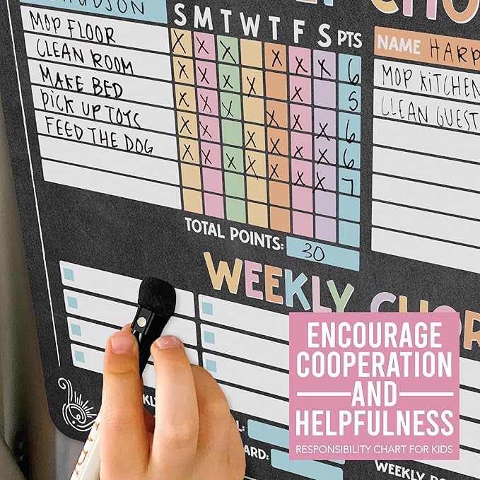 Hadley Designs Magnetic Chore Chart for Kids Multiple - Chores Board for Refrigerator, Dry Erase Task Chart for 2 Kids Daily Behavior, Family Weekly Planner for Teen and Adults, Chalkboard Chore Board
