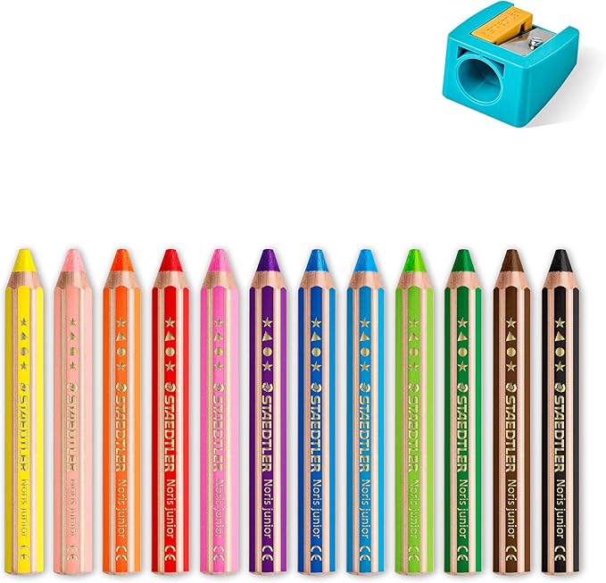 STAEDTLER Noris Junior 3-in-1 Jumbo Coloring Pencils: 12 Count - Colored Pencil, Wax Crayon, & Watercolor Pencil All In One, Toddler & Preschool Art for Ages 2+, With Sharpener, Non-Toxic, Easy Grip