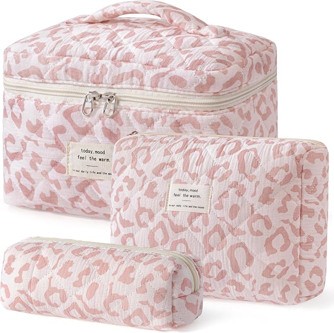 HBselect Quilted Makeup Bag, 3Pcs Cotton Large Travel Makeup Bags Organizer | Cute Floral Make up Bag Cosmetic Bag Toiletry Bag for Women Girls, Makeup Pouch for Skincare, Brushes & Travel Essentials