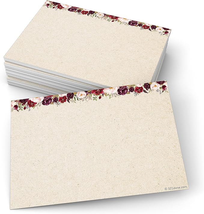 321Done Index Cards with Red Roses Floral Design - (50) 4x6 Kraft Cards - Blank, No Lines - For Studying, Learning, Notes, Messages, Notecards, Crafts & Card Making - Pretty, Cute - Made in USA