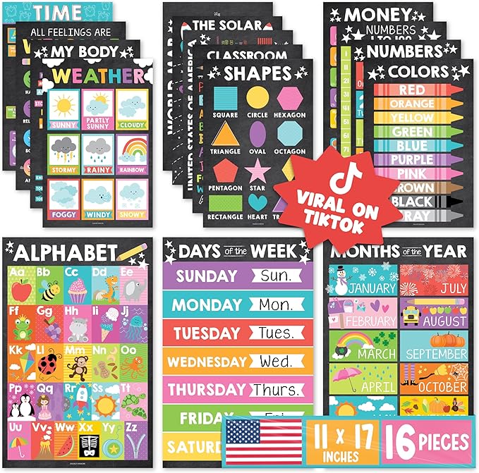 Hadley Designs 16 Educational Posters for Classroom Must Haves - Laminated Pre-K Posters for Toddler Homeschool Essentials, Toddler & Preschool Learning Activities, Kindergarten Classroom Decor