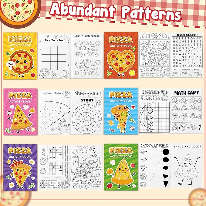 JAPBOR Pizza Activity Coloring Books - 24PCS Mini Pizzas Themed Color Activities Book Bulk for Party Favor, Delicious Food Small DIY Colour Pages for Birthday Gifts Class Drawing Painting Games