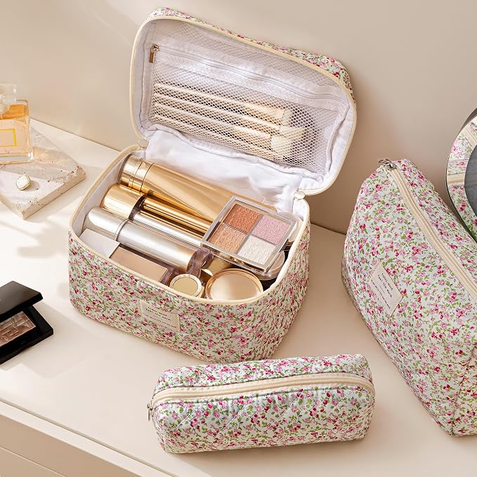 HBselect Quilted Makeup Bag, 3Pcs Cotton Large Travel Makeup Bags Organizer | Cute Floral Make up Bag Cosmetic Bag Toiletry Bag for Women Girls, Makeup Pouch for Skincare, Brushes & Travel Essentials