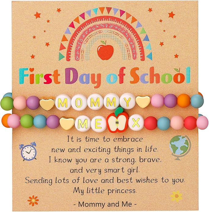 Bellino First Day of School Initial Bracelets, Back to School Supplies Bracelet Mommy and Me, Color Beads Bracelet Jewelry Gifts for Girls Teen Kids