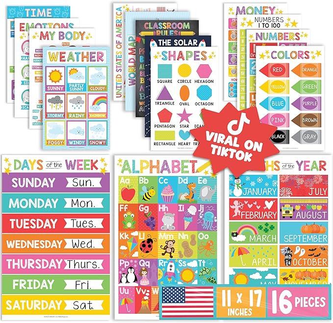 Hadley Designs 16 Educational Posters for Classroom Must Haves - Laminated Pre-K Posters for Toddler Homeschool Essentials, Toddler & Preschool Learning Activities, Kindergarten Classroom Decor