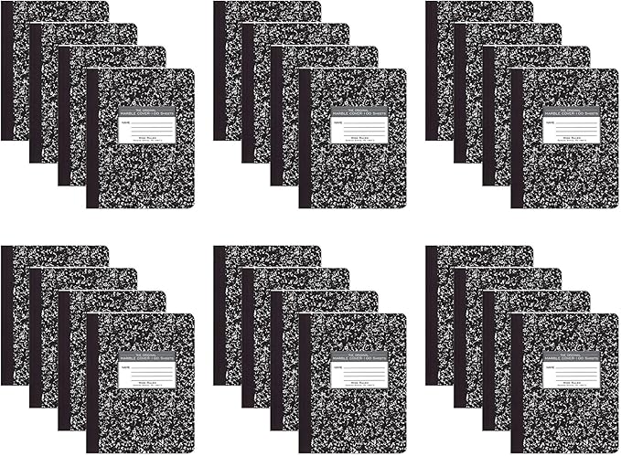 ROARING SPRING Hard Cover Composition Notebook, 24 Pack, Black Marble Comp Book, 9.75″ x 7.5″, Wide-Ruled with Margin, 100 Sheets (200 Pages), Made in USA