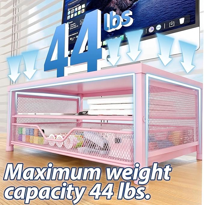 OPNICE Computer Monitor Stand Riser, Desk Organizer with Drawer, Printer & Laptop Stand, Office Desk Accessories & Workspace Desktop Organizers Storage for Office Supplies(Pink)