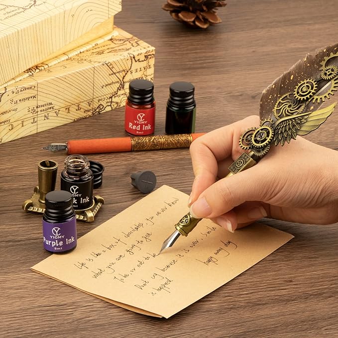 Feather Pen and Ink Set Calligraphy Kit for Beginners with Quill Pen, Antique Vintage Stationary Set for Writing, Signing & Hand Lettering Art(Green feather)