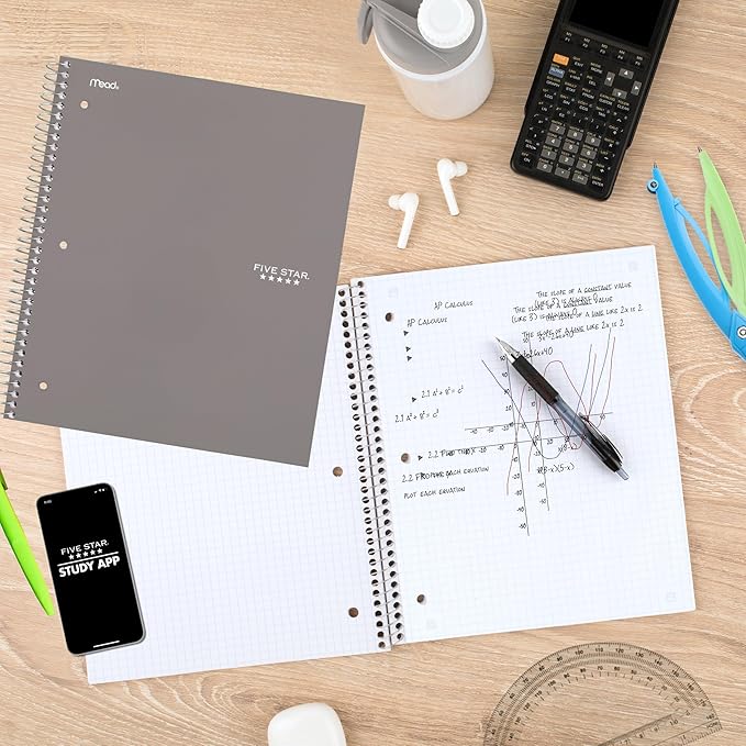 Five Star Spiral Notebook + Study App, 1 Subject, Graph Ruled Paper, 8-1/2" x 11", 100 Sheets, Fights Ink Bleed, Water Resistant Cover, Gray (620000AA3)