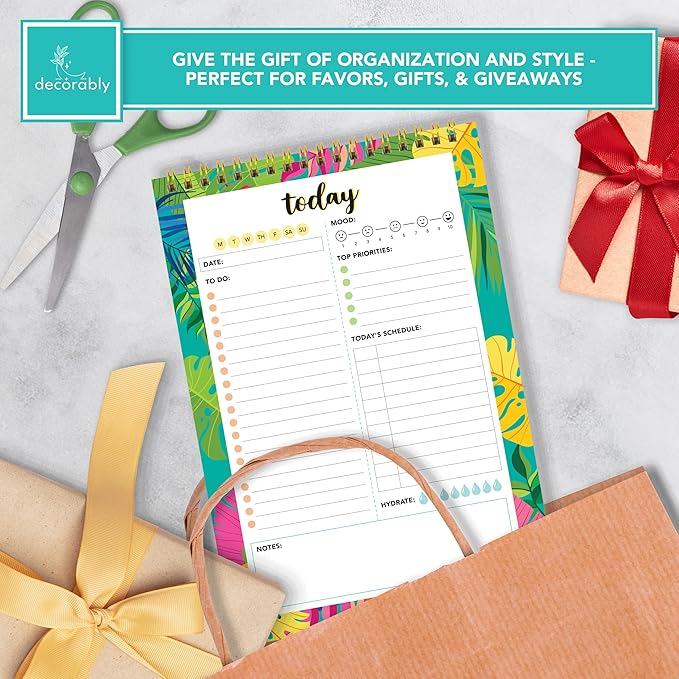 Decorably 52 Sheets Vibrant Forest Undated Daily Planner Notepad Tear Off, 6.5x10in Spring-Bound Daily to Do List to Do Pad, Priorities, Habit Tracker, Mood, Water Intake, Notes