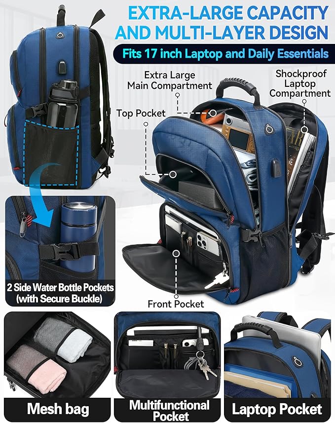 ProEtrade Travel Backpack, Extra Large Laptop Backpack School Business Anti Theft TSA Approved College Work Computer Bag Fits 17 Inch Laptop with USB Charging Port Bookbag for Women Men(Blue)
