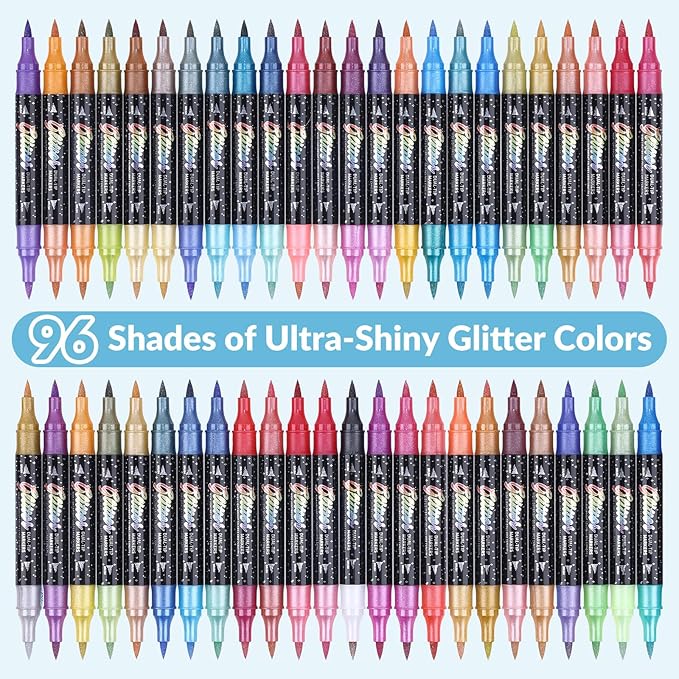 KEMYR Glitter Effect Brush Markers Pens,96 Colors Dual Tip Glitter Pens Set48 Pack Metallic Sparkle Markers for Cards, DIY Crafts, Doodle, Writing, Adults Coloring Books, Art Supplies Scrapbooking