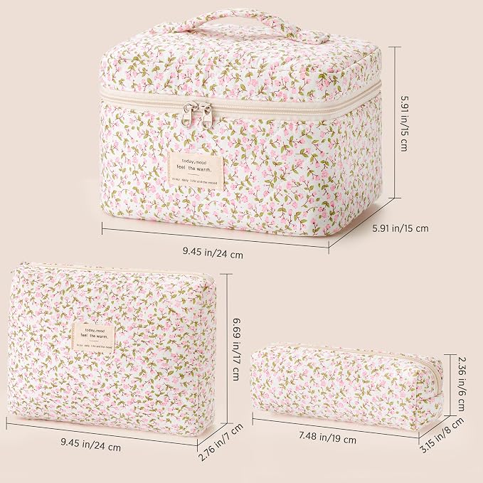 HBselect Quilted Makeup Bag, 3Pcs Cotton Large Travel Makeup Bags Organizer | Cute Floral Make up Bag Cosmetic Bag Toiletry Bag for Women Girls, Makeup Pouch for Skincare, Brushes & Travel Essentials