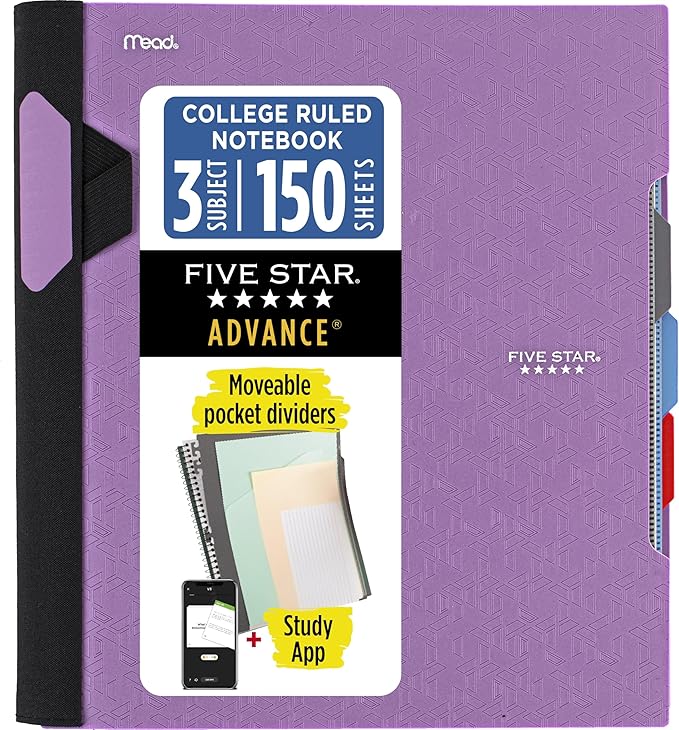 Five Star Advance Spiral Notebook + Study App, 3 Subject, College Ruled Paper, 8-1/2" x 11", 150 Sheets, Spiral Guard, Movable Tabbed Dividers, Amethyst Purple (820060G)
