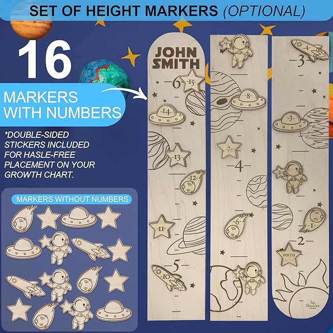 Wooden Height Chart for Wall - Personalized Boy Growth Chart, Custom Name Space Ship Theme Height Ruler Wood, Nursery Growing Wall Meter for Children, Large Baby Growth Chart Solar System, 2 Sizes