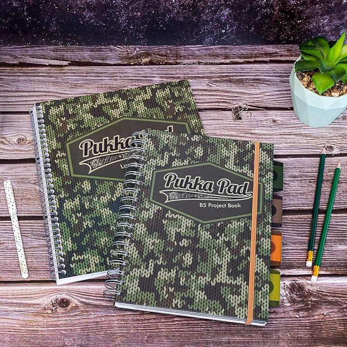 Pukka Pad 5 Subject Spiral Notebook 12-Pack - 200 Pages, 100 Sheets of 80GSM Paper with Repositionable Dividers & Perforated Edges for School & Office Planning & Organization - B5-7 X 10, Camo